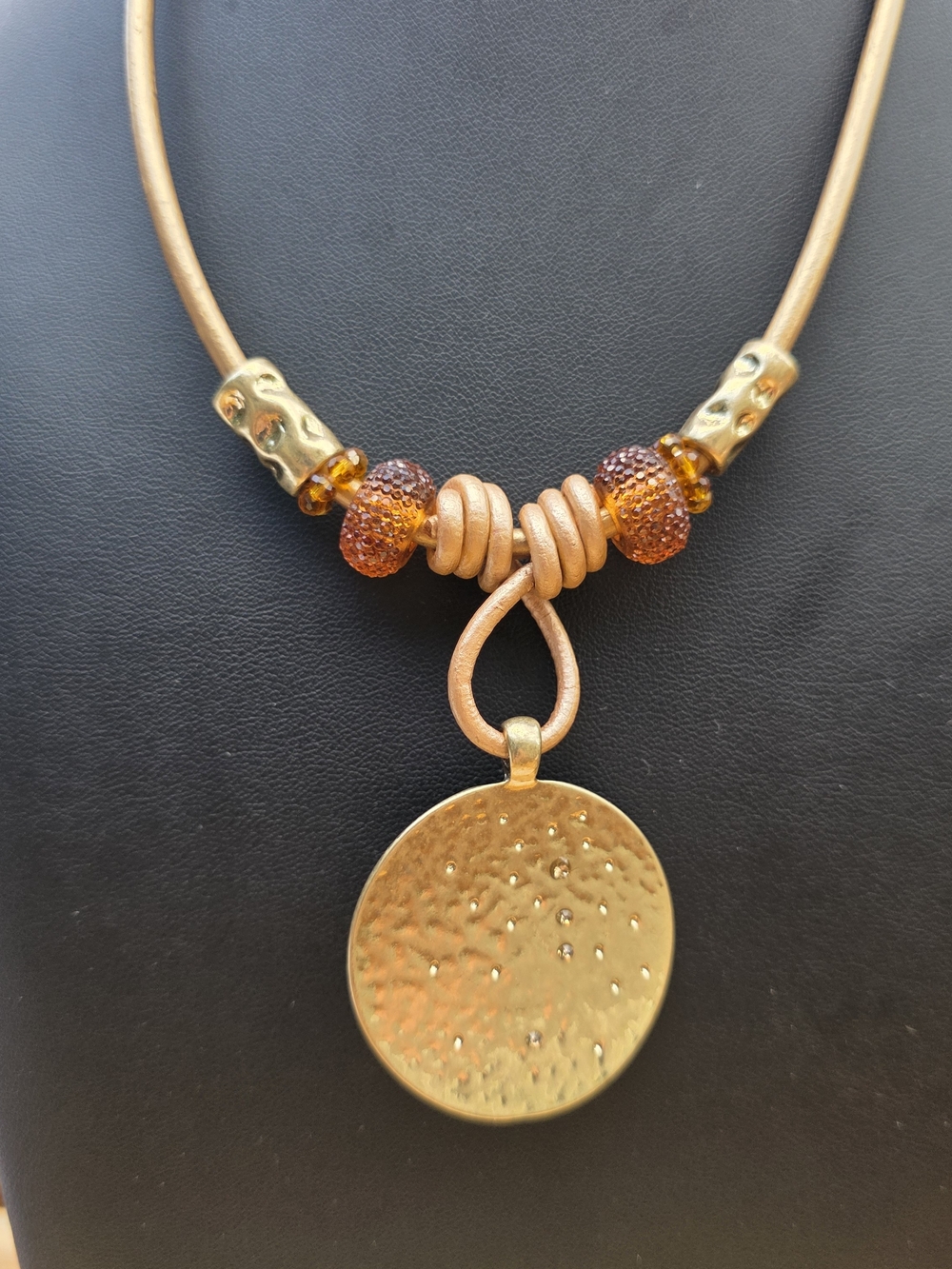 Gold-Tone Pendant Necklace with Amber Accent Beads. Boho.